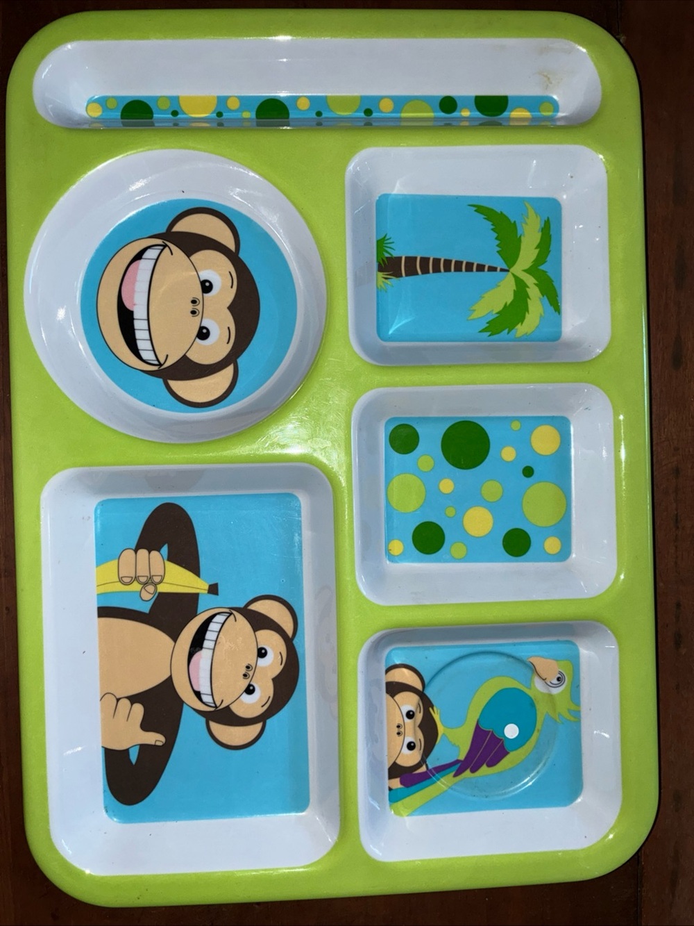 Children's Monkey Compartment Placemat Tray - Lime Green & Aqua